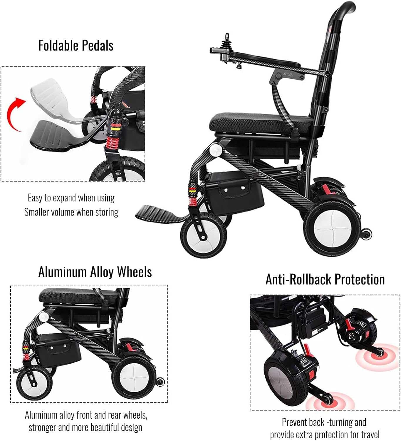 Generic Silla de ruedas eléctrica plegable y ligera de fibra de carbono, negra, portátil, cómoda y estable
