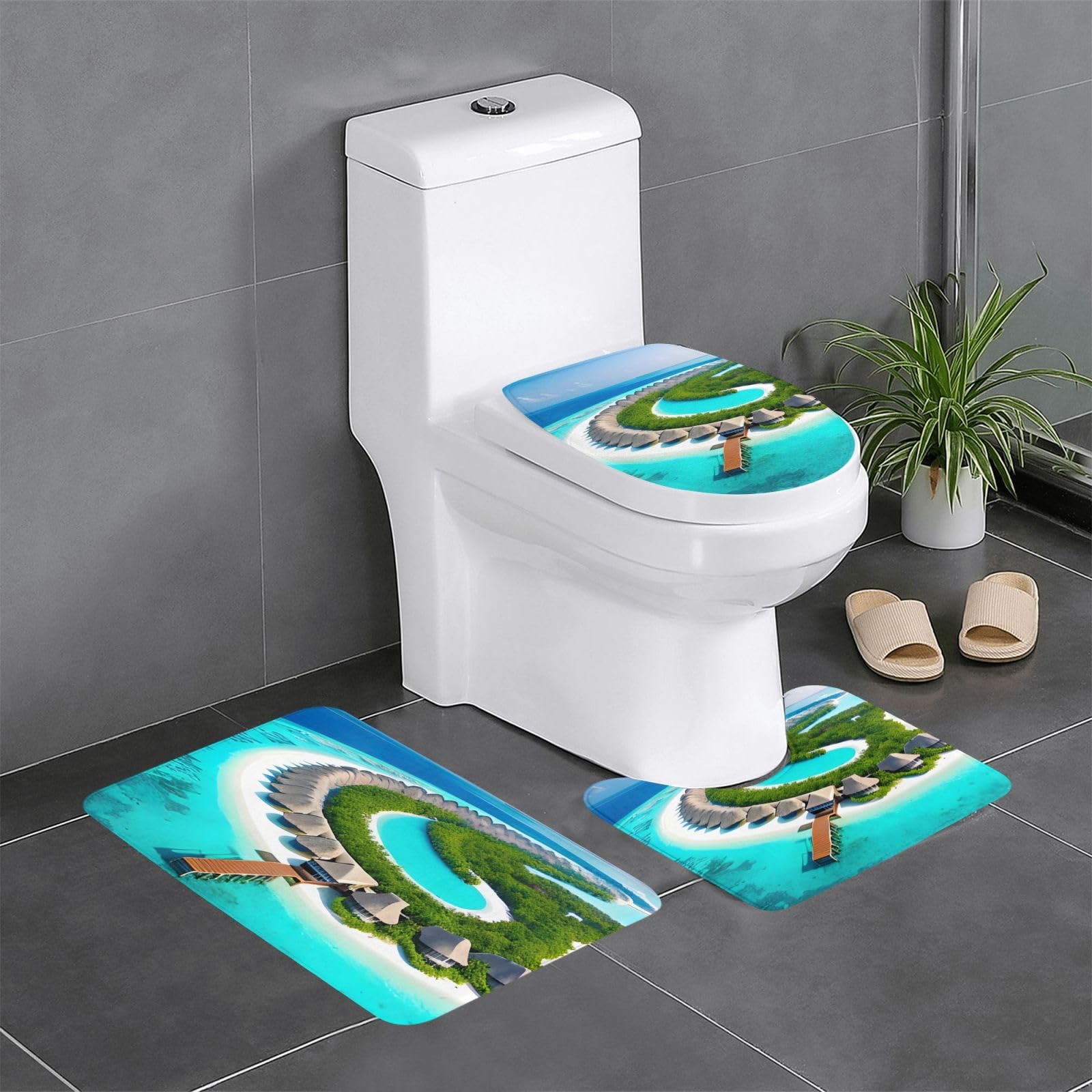 Tapis de salle de bain ultra absorbant motif Maldives lot de 3 pièces