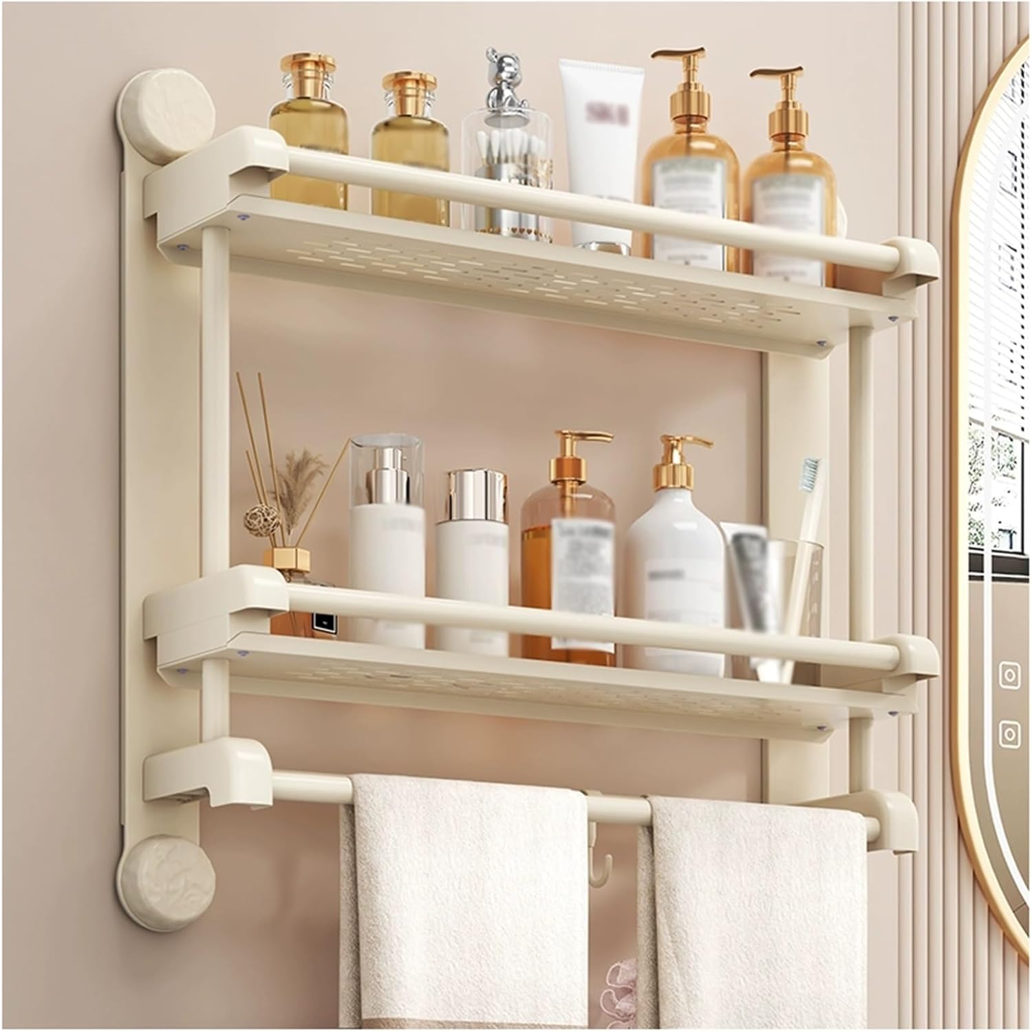Vacuum Suction Cup Towel Holder Galvanized Steel 2 Layers 2 Rods Towel Racks L15.7/19.7/23.6” Household Bathroom Towel Hanger Hollowed Out Countertop