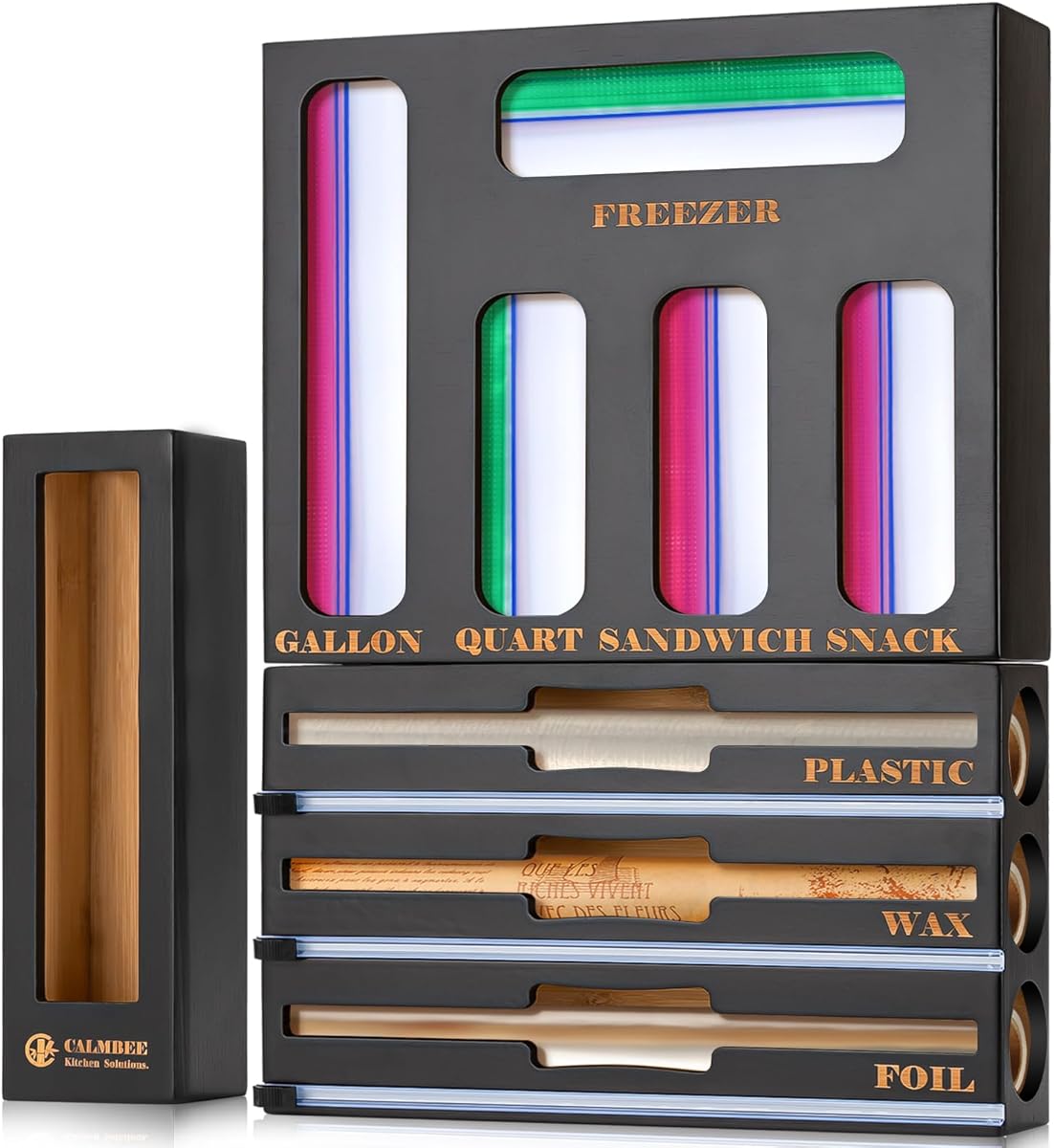 Calmbee 9 IN 1 Storage Bag Organizer for Kitchen Drawer, Bamboo Foil and Plastic Wrap with Cutter, Organizers Compatible Gallon, Quart, Sandwich Snack Size (Black)