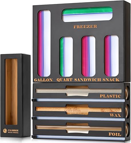 Calmbee Organizador de cocina de bambú 9 en 1, negro y multicolor, moderno, minimalista, con dispensador de envoltura, cortador y organizador de