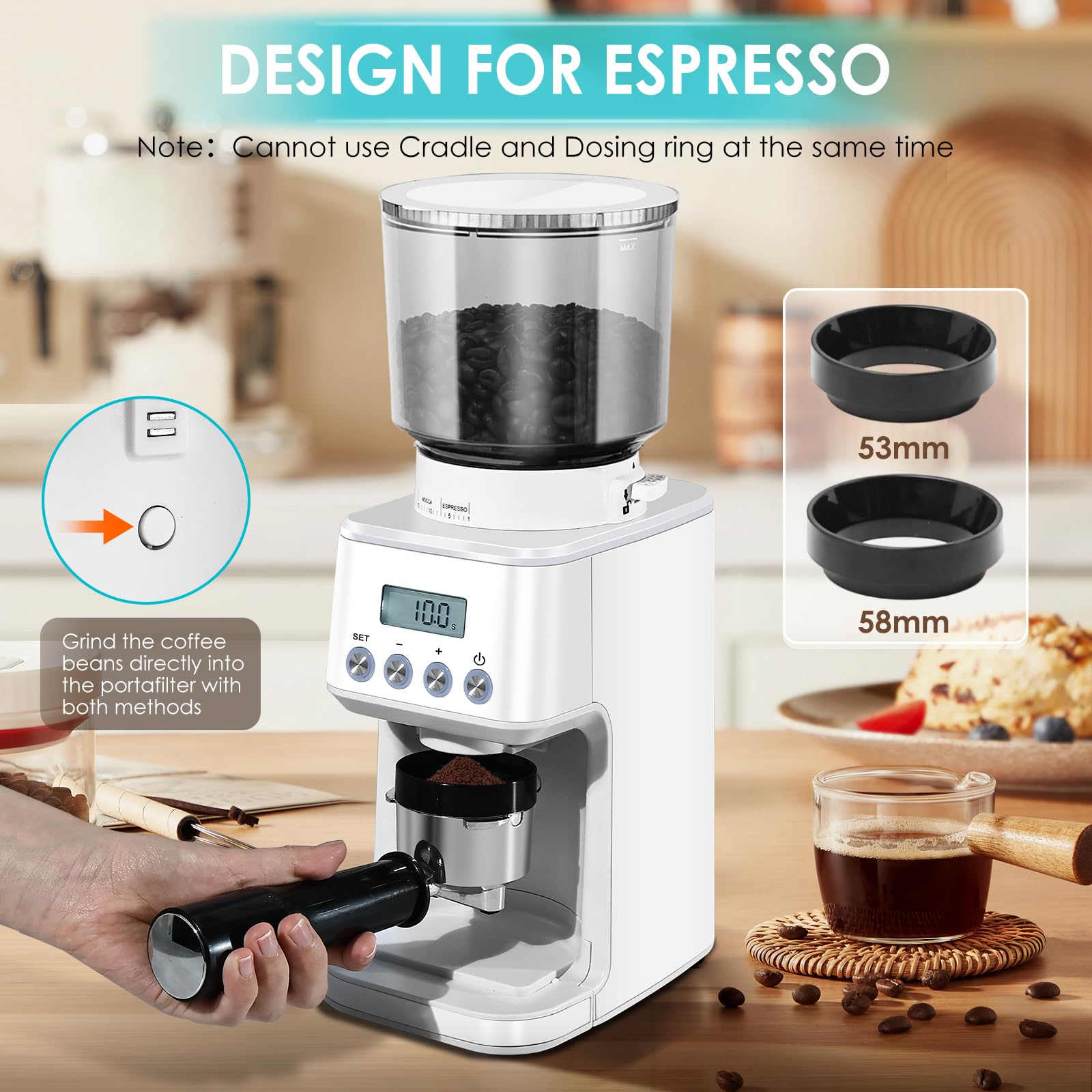 Homtone Broyeur à Café Electrique Conique en Acier Inoxydable, Broyeur de Café à 51 Niveaux Réglables, Broyeur à Café Expresso, Broyeur à Café Automatique Pour Filtre, Noir/Acier Inoxydable