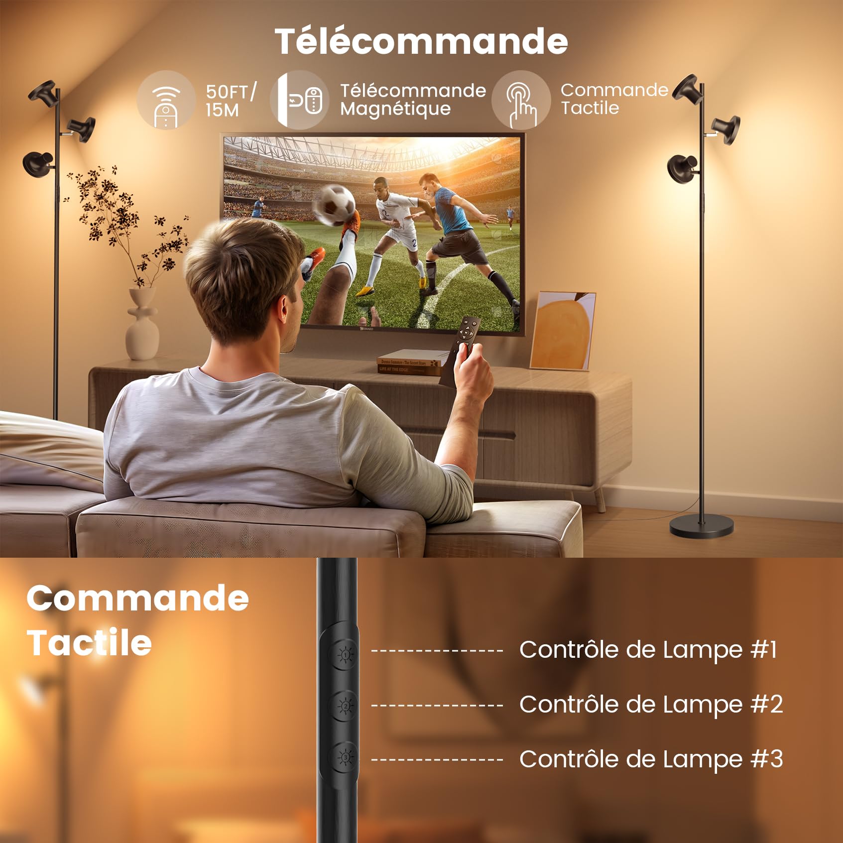 SIBRILLE Lampadaire LED Dimmable 36 W 2500 lm Avec Télécommande & Contrôle Tactile, 4 Températures de Couleur, 3 Lampes Réglable LED pour Salon, Chambre et bureau