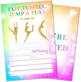Flip Tumble Jump & Play Birthday Party Invites Cards for Kids, Gymnastics Birthday Invitations for Boys Girls, 20 Invitation Cards With Envelopes Tie Dye Rainbow Birthday Party Supplies -A003