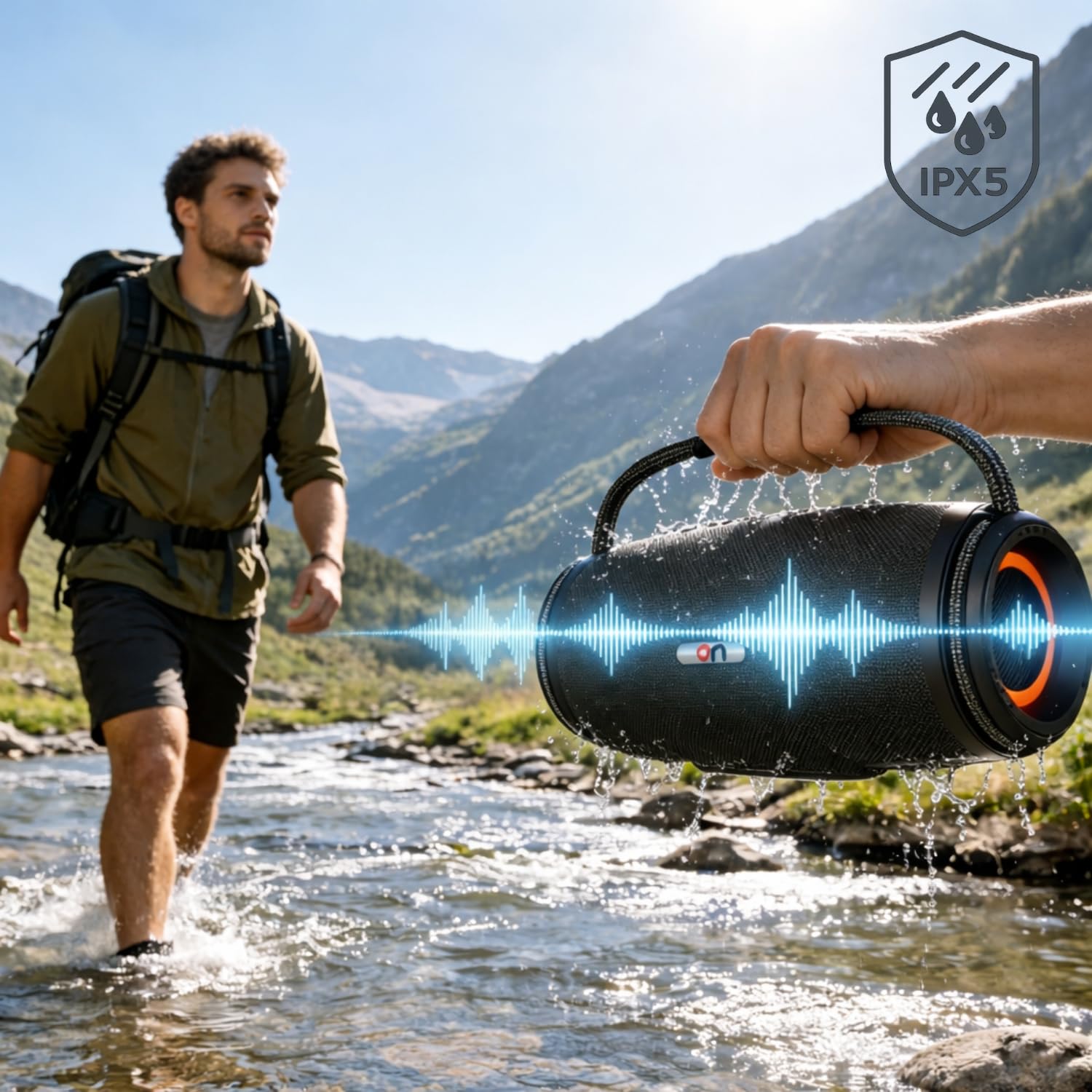 on ON09 – Enceinte Bluetooth Portable Puissante – Basses Profondes – Enceinte Nomade Intérieur Extérieur – USB, Carte SD, AUX – Power Bank – TWS – Lumières RGB – IPX5 – Poignée Cordage Marin