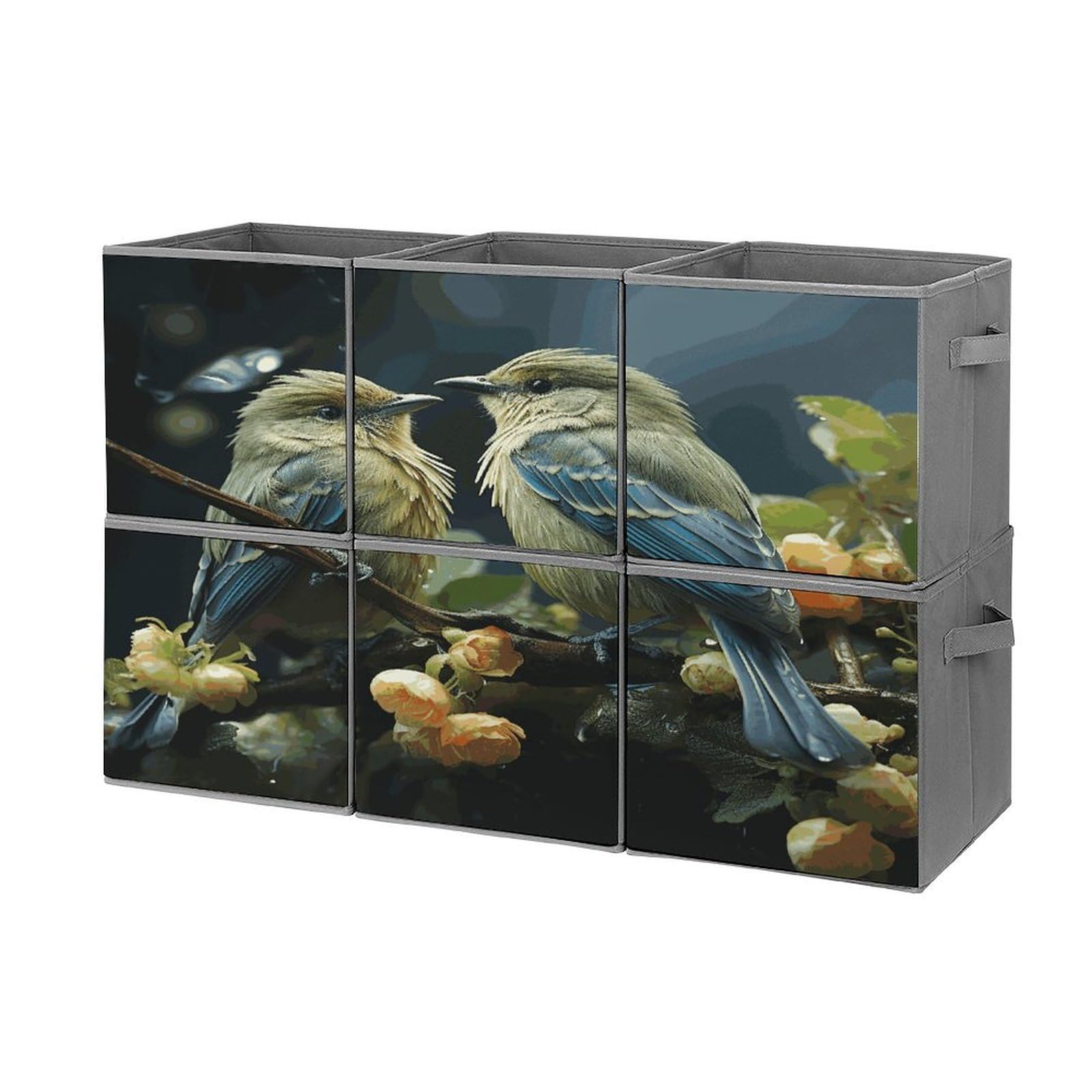 Fekiloot Style Green Leaves And Birds Storage Bin For Foldable And Handles,Closet Organizer Of 6-Pack Stackable,Storage Box For Living,Room, Office,Bedroom,Closet