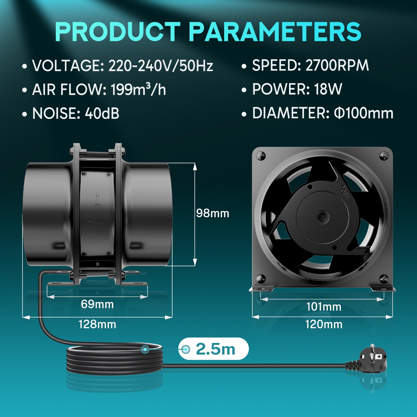 HG Power Ventilatore a tubo regolabile, 100 mm, ventola di scarico 199 m³/h, silenziosa per cucina, bagno, garage, cantina, colore nero