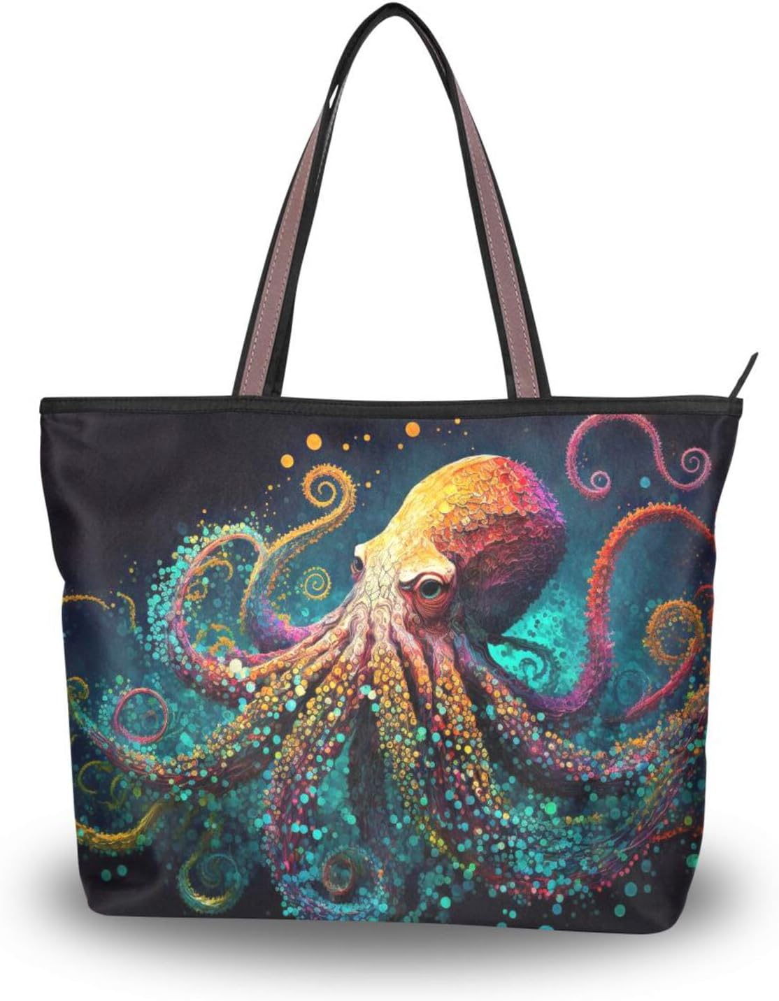 Tote Bag for Women (Painting Octopus Orange), Zipper Purse Shoulder Bag Handbag Reusable Grocery Bag