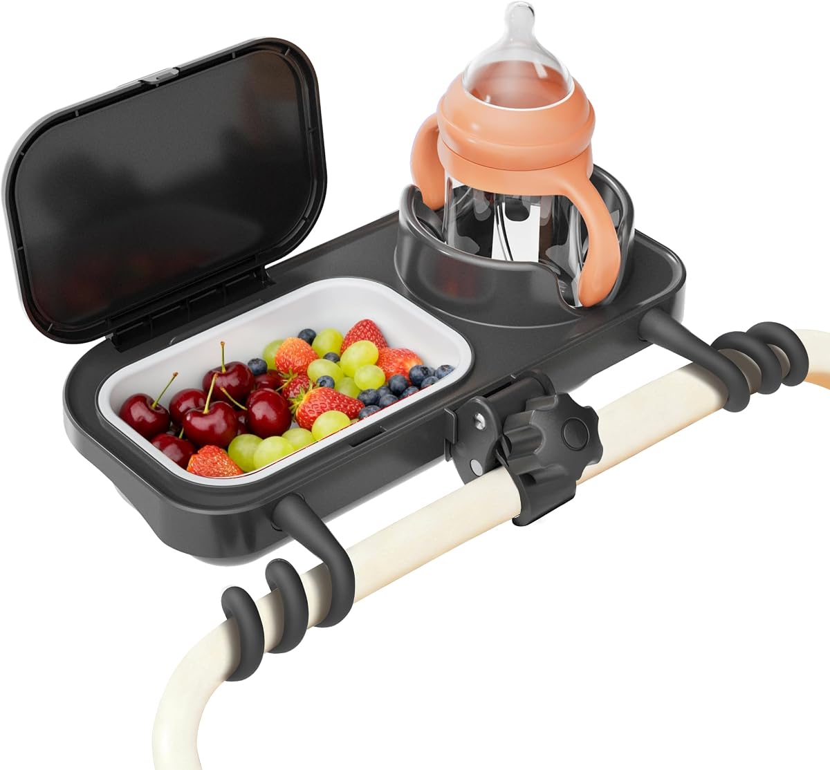 KingKam Universal Stroller Snack Tray, Easy Clean Removable Silicone Insert | for Mockingbird Nuna Bugaboo, Dual-Lock Sturdy Grip, Different Size Cups Holder, Easy to Attach, Toddler Snacking On The Go