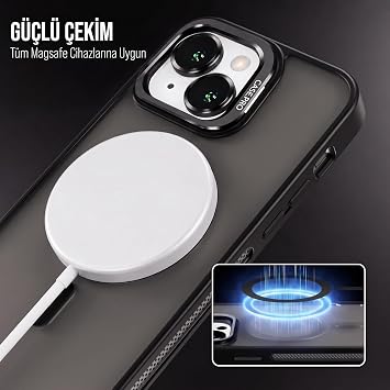 Babilden iPhone için Kılıf Kamera Korumalı Magsafe Wireless Şarj Özellikli Mat Şeffaf Renkli Standlı Kılıf (Lens Hediyeli) (Siyah, iPhone 14 Plus)