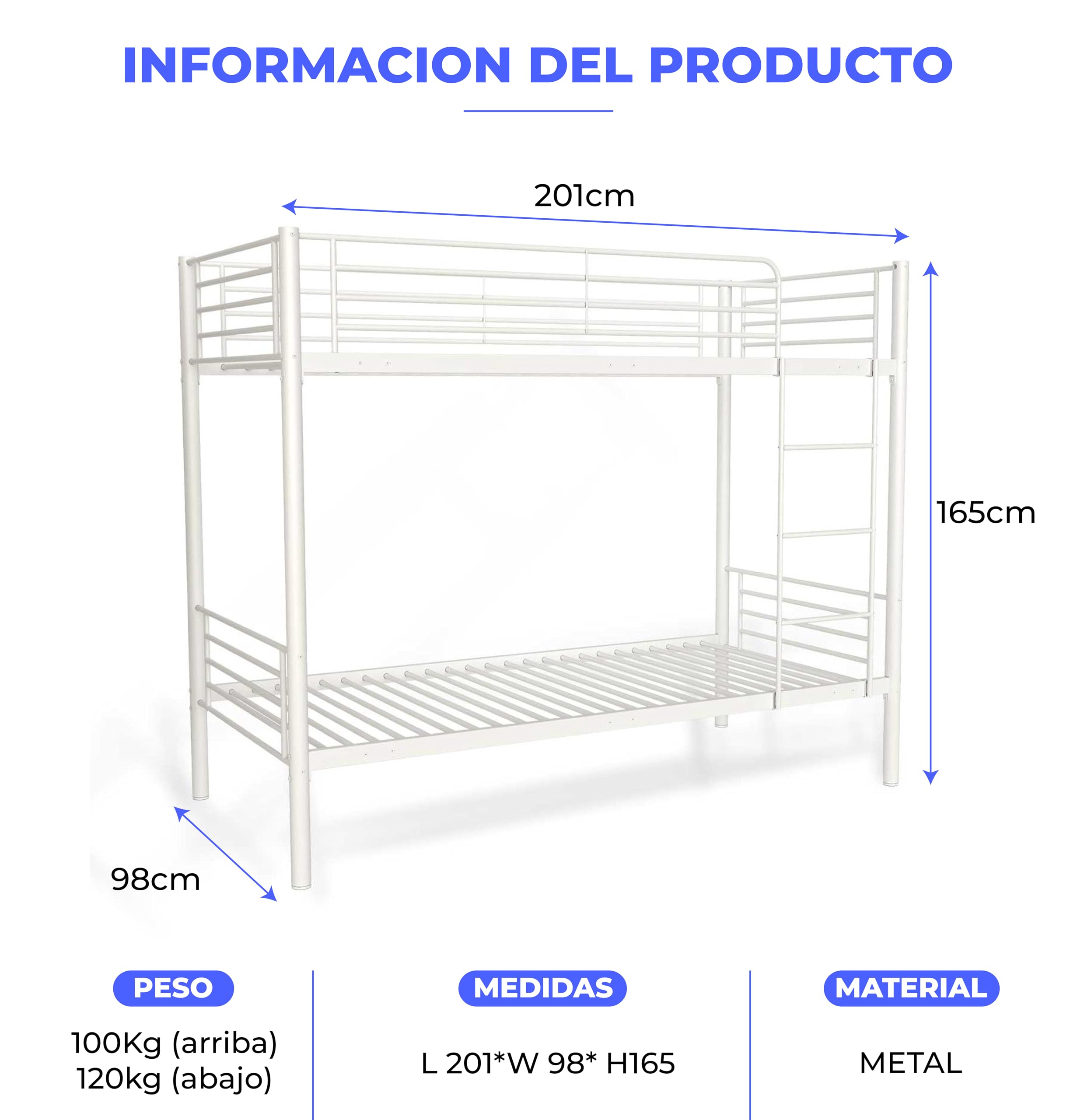 Litera Juvenil Sencilla 90x190 Blanca Estructura Metálica con Escalera Doble Infantil Modelo BOOL