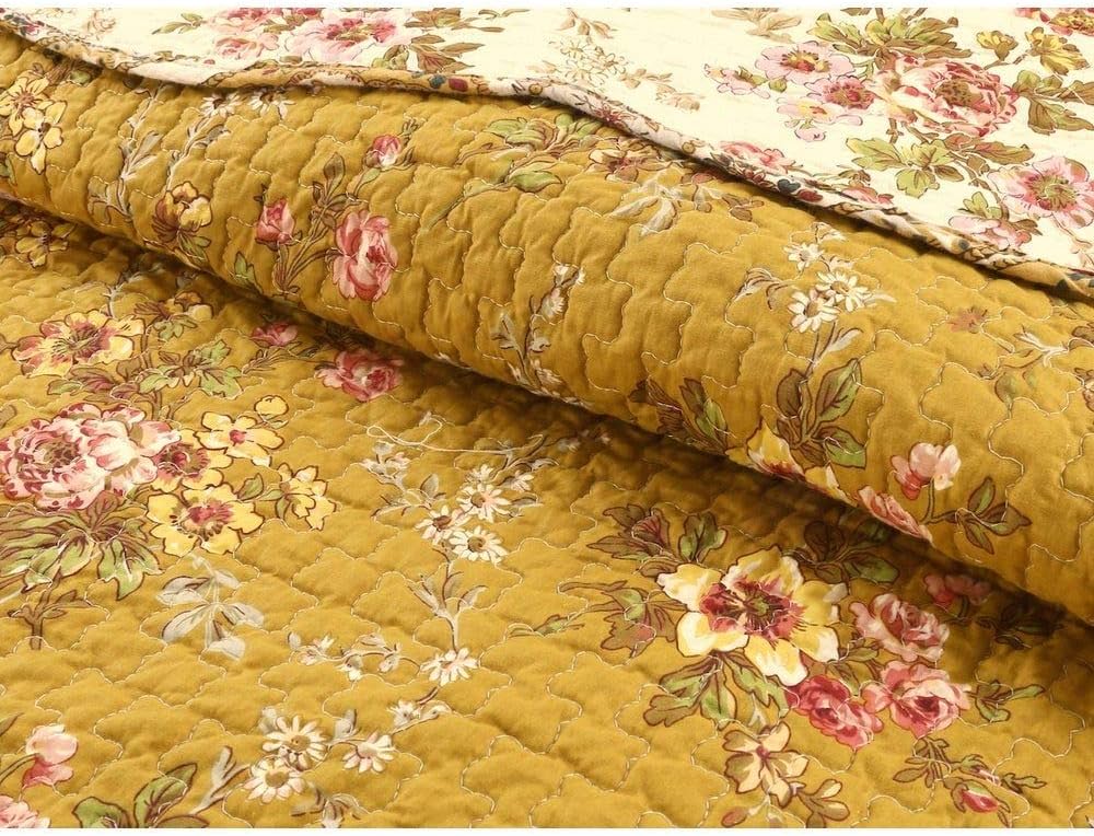TRP 3 Piece French Country Floral Quilt 100% Cotton Vintage Look Featuring Floral Blooming Textured Patterned Enlivens Both Sides Queen Quilt Yellow All Season Lux Decor Reversible Farmhouse Bedding