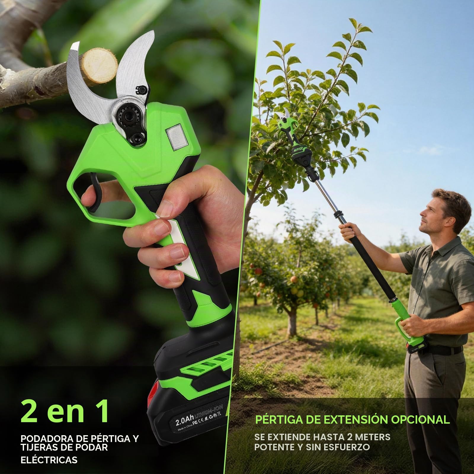 Tijeras de Podar Eléctricas con Pértiga Telescópica 2 m 30/40 mm | Cabezal giratorio 180°, pantalla de batería, perfecta para olivos, frutales y viñedos