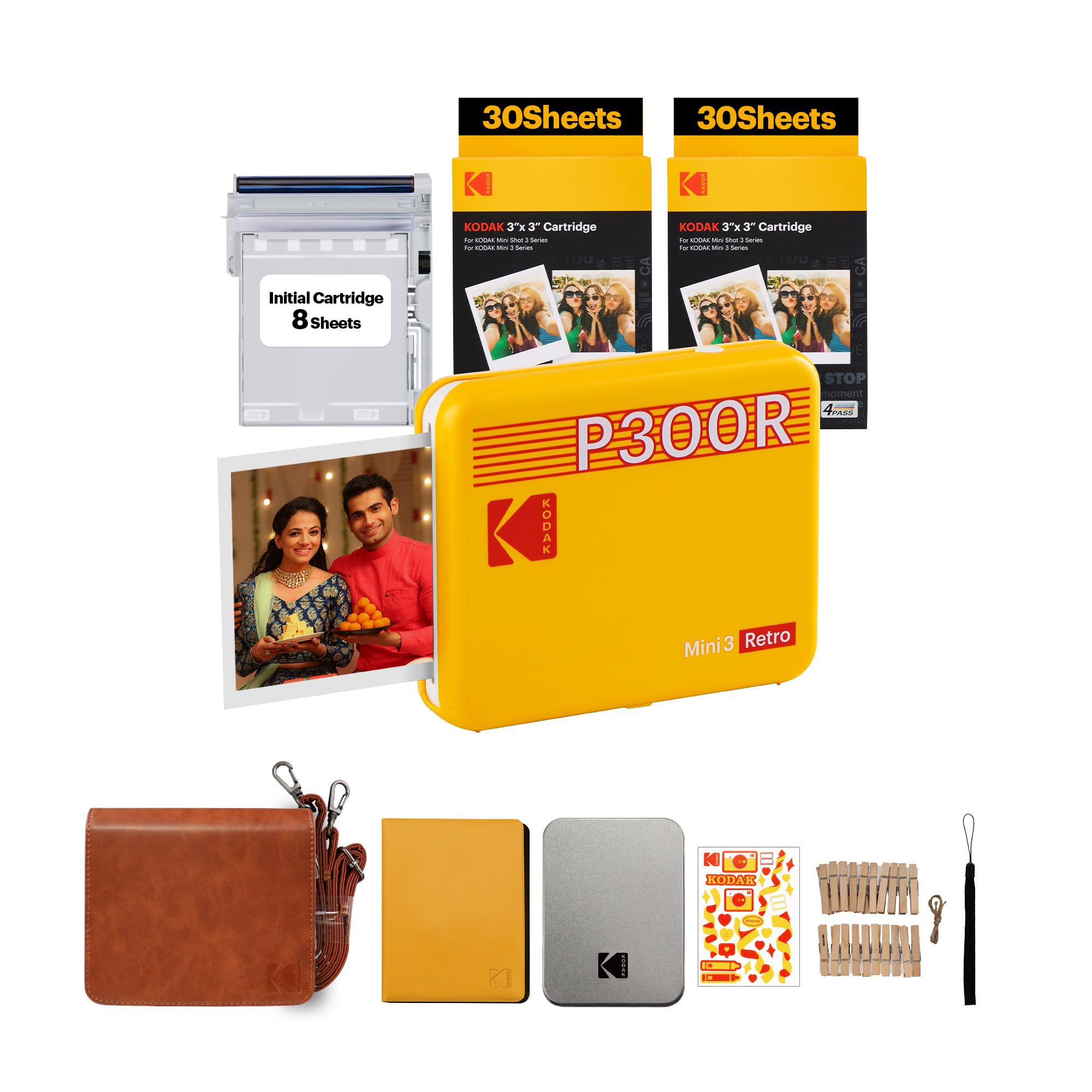 KODAK Mini 3 Retro 4PASS Portable Photo Printer (3x3 inches) + 68 Sheets Gift Bundle, Yellow