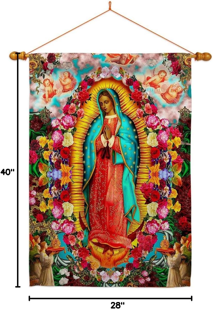 Our Lady of Guadalupe House Flag Dowel Set Religious Faith Hope Grace Peace Dove Christian Religion Easter Small Decorative Gift Yard Banner Made in USA 28 X 40