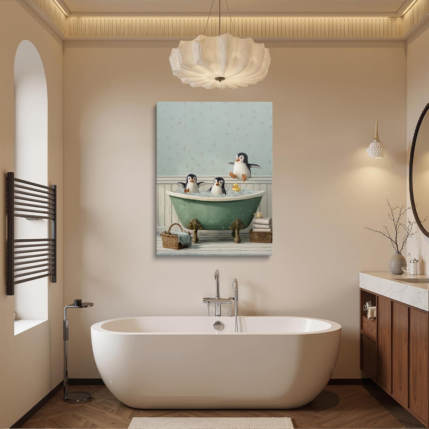 Amovlov Funny Bathtub Penguin Wall Print Funky Yellow Duck Canvas Posters Retro Style Indoor Animal Print for Bathroom Office, Restroomtoilet Wall Decor Framed Ready to Hang (12''x16'')