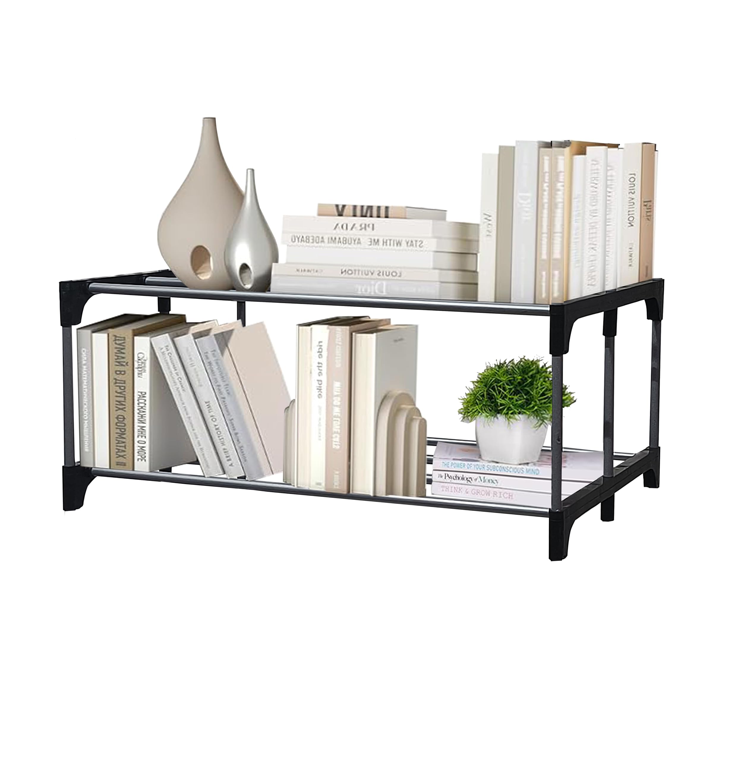 PHILOSHOP Multipurpose 2 Layer Tiered Shelf Floor Mount Rack Organizer Book Case Shelves For Shoe/Clothes/Books(White&Blue,Metal) (B097SY863K) Amazon Price History, Amazon Price Tracker