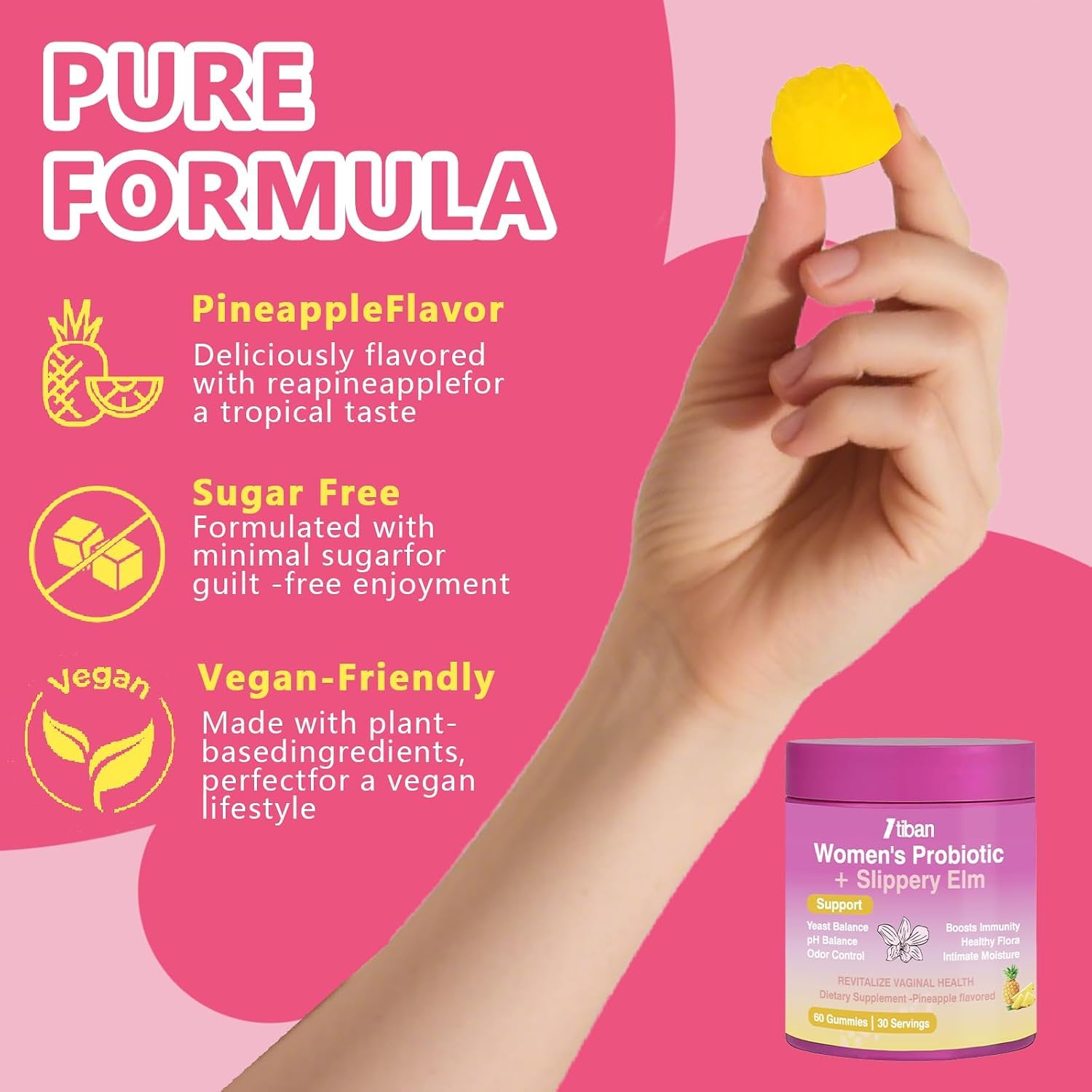 Feminine Vaginal Probiotics Gummies, Supports pH Balance & Digestive Health, Slippery Elm for Women, Suagr-Free, Veagn, Pineapple Flavor, 60 Count — Amazon image 5