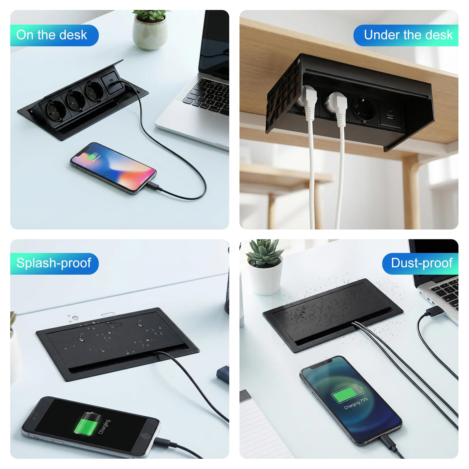 Presa Scomparsa 3 Prese, 1 USB-C 1 USB-A, Multipresa da Tavolo Alluminio, Multipresa Scomparsa Incasso Tavolo, Cavo di Alimentazione 2m, 20W USB, per Ufficio, Sala Giochi, Sale Riunioni, Cucina 2500W
