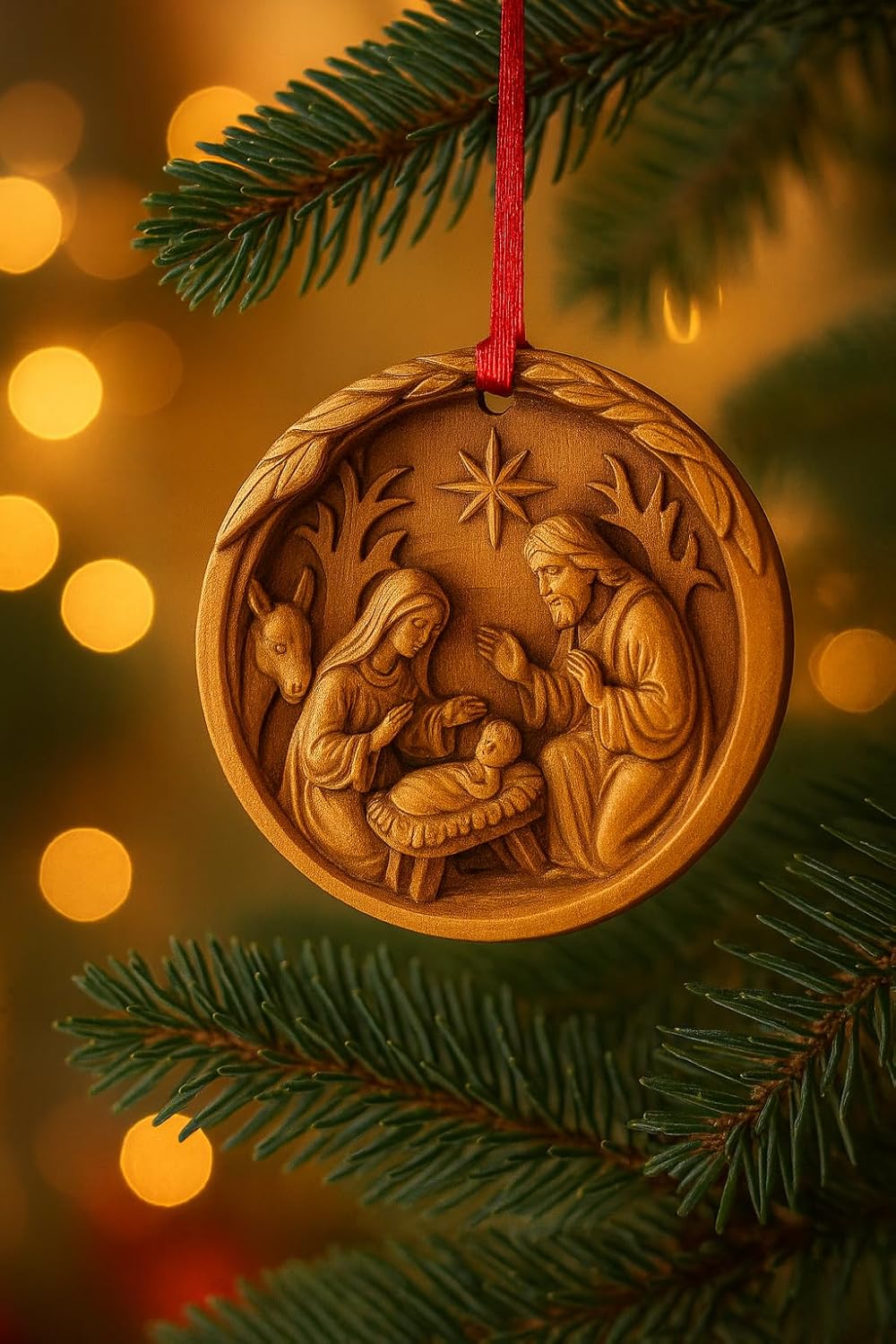 Holy Family Wood-Style Ornament - Rustic Christian Christmas Decor, Stable Scene Printed on Acrylic - Catholic Religious Decorative Woodland Ornaments - Image 6