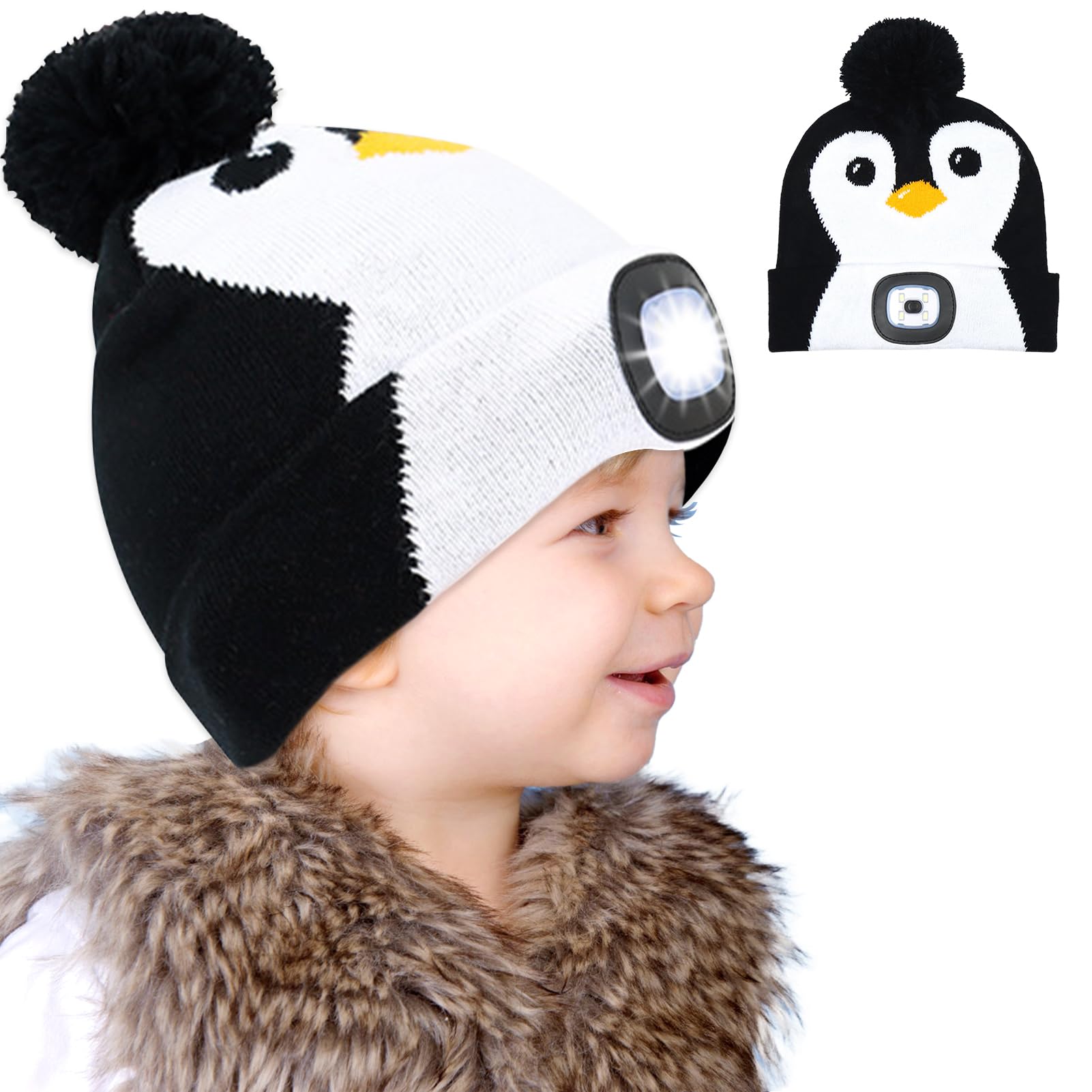Czapka z oświetleniem LED dla dzieci, czapka bożonarodzeniowa z diodami LED, czapka zimowa dla dzieci, ładowana przez USB, śliczna zimowa ciepła czapka z dzianiny, pingwin, bałwan, jeleń,