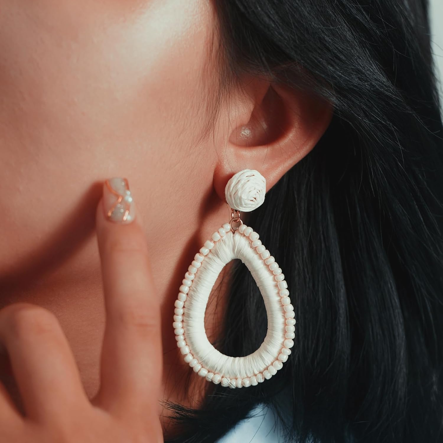 Beaded Teardrop Earrings Boho Raffia Earrings Statement Tear Drop Earrings Trendy Summer Jewelry for Women - Image 3