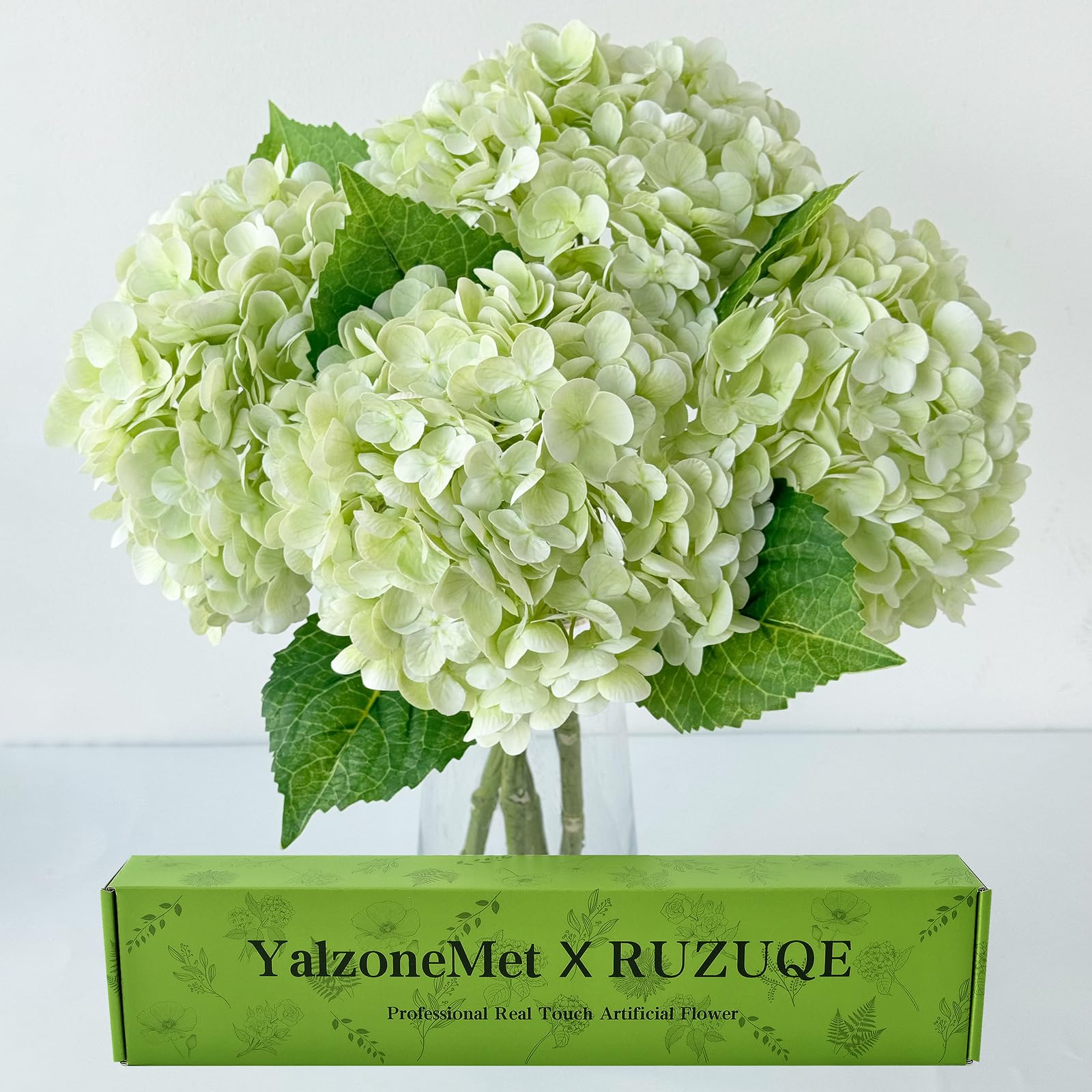 YalzoneMet 4Pcs Light Green Hydrangeas Artificial Flower Natural Lifelike 21'' Long Stem Real Touch Hydrangea Latex Flower Bouquets for Home Living Room Party Wedding Table Centerpiece Decor