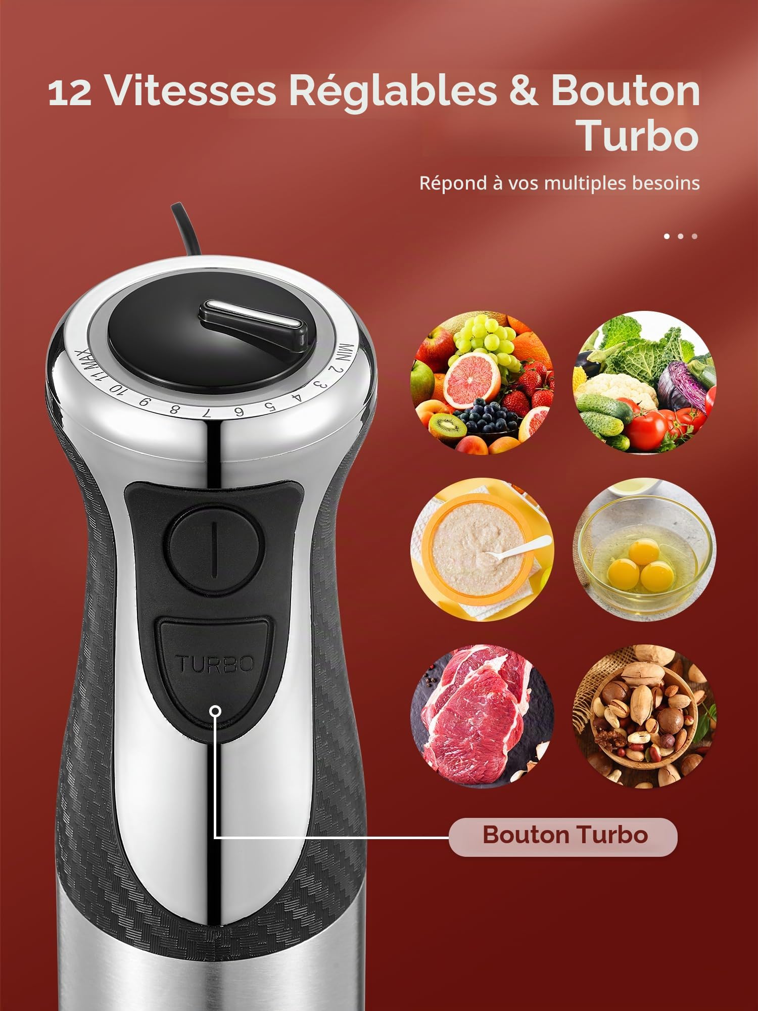 Mixer Plongeant 5-en-1 1000W, Pied Mixeur Professionnel en Acier Inoxydable avec 12 Vitesses & Turbo, Comprend Hachoir 500ml, Gobelet 600ml, Fouet et Mousseur à Lait, Sans BPA