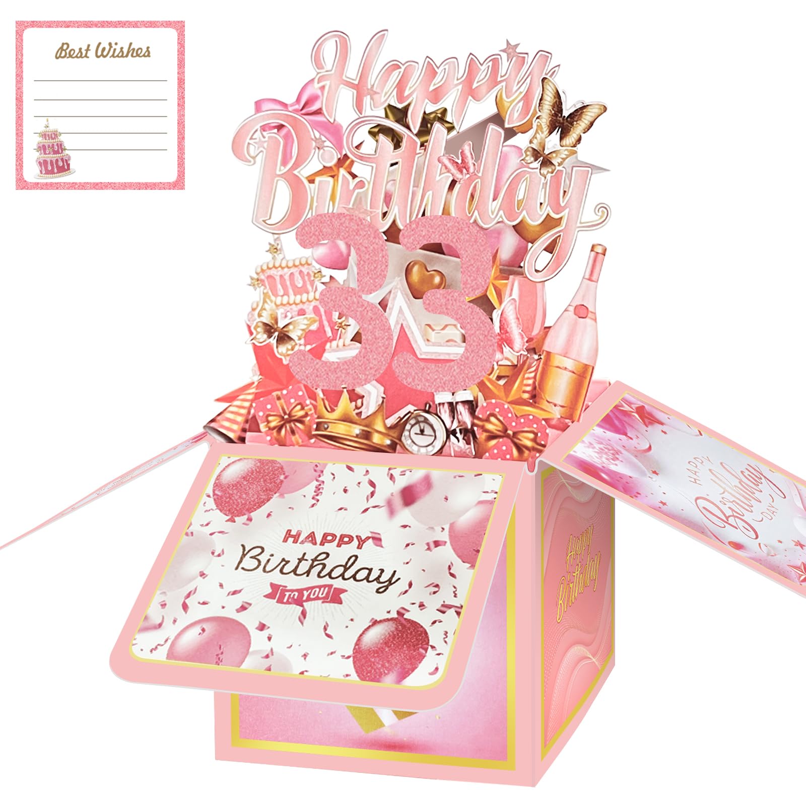 33rd Birthday Card with Envelopes for Women, Birthday Decorations for Her, Bday Gift Box for 33 Year Old, Unique Handmade Foldable Celebration 3D Cards for Daughter
