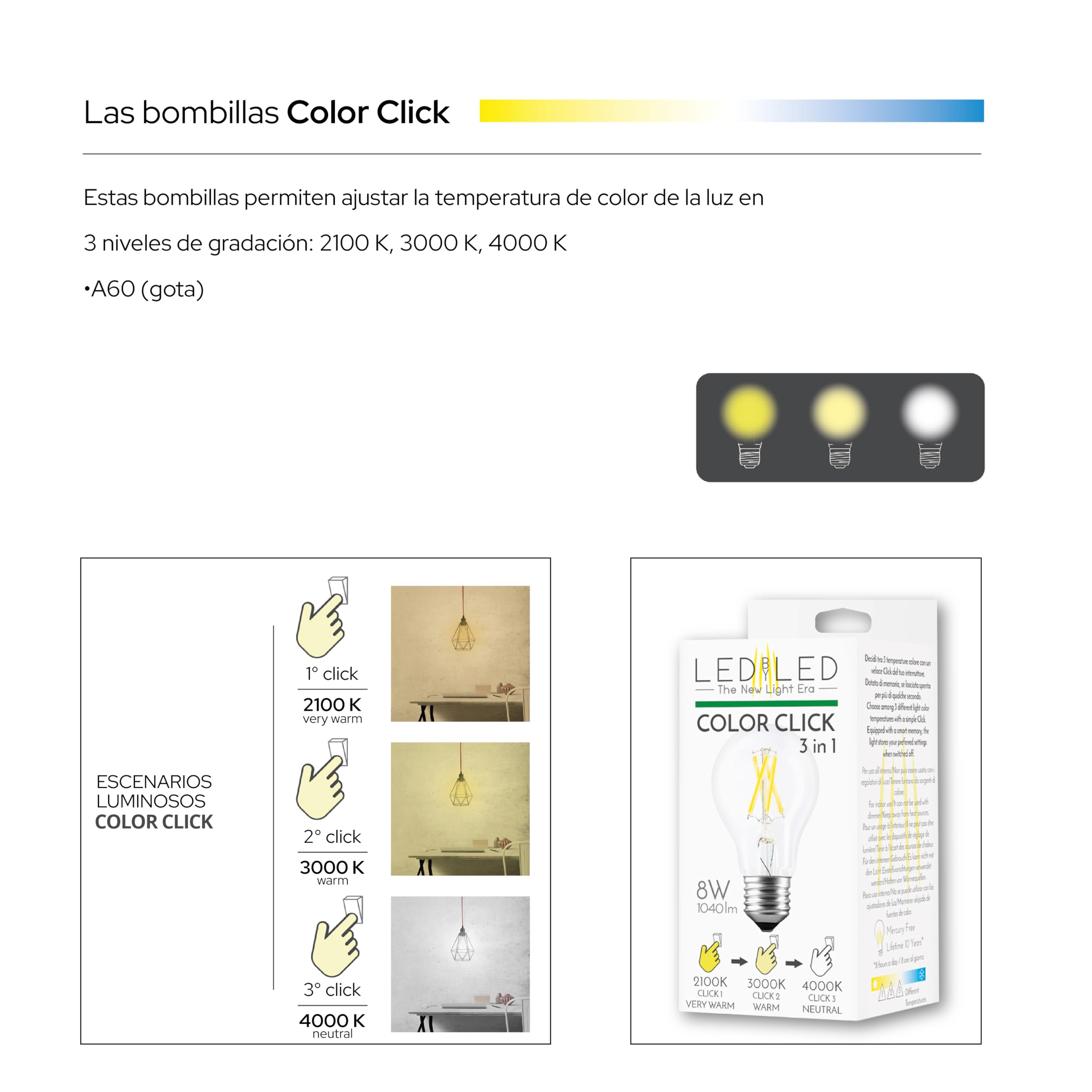 Bombilla Smart Goccia Color Click 8W, E27, Vidrio Transparente, Color Variable 2100-4000-6000K, filamento LED recto, 960 Lúmenes, Pack de 10 unidades