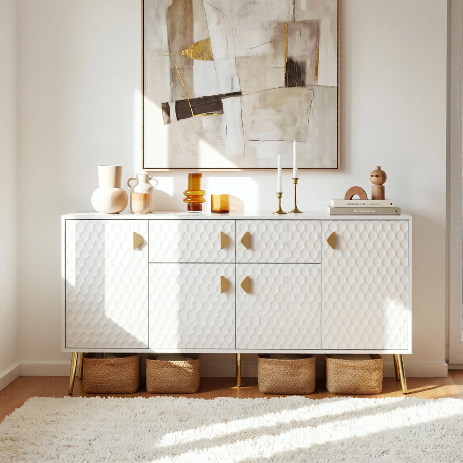 Sideboard 160 cm mit Strukturfront & 4 Türen, Weiß-Gold