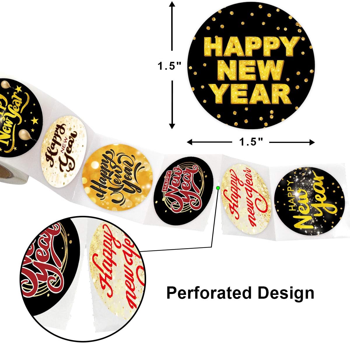 Fancy Land Happy New Year Stickers Black & Gold New Year Labels 500Pcs Faux Glitter Tags for Holiday Party Decoration