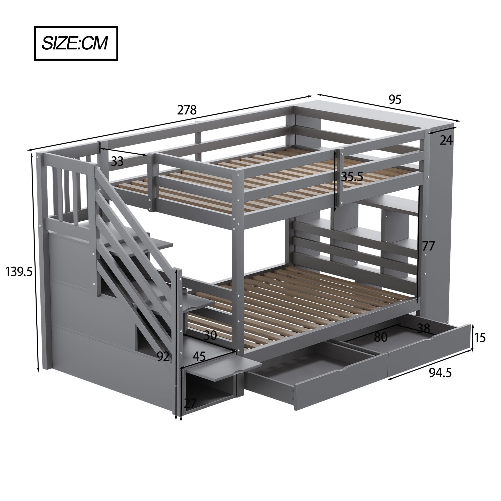 Litera de 90 x 200 cm, con escalera integrada con contenedor, dos cajones, amplio armario contenedor y barra de seguridad alta, cama de pino, apta para niños y jóvenes (gris)