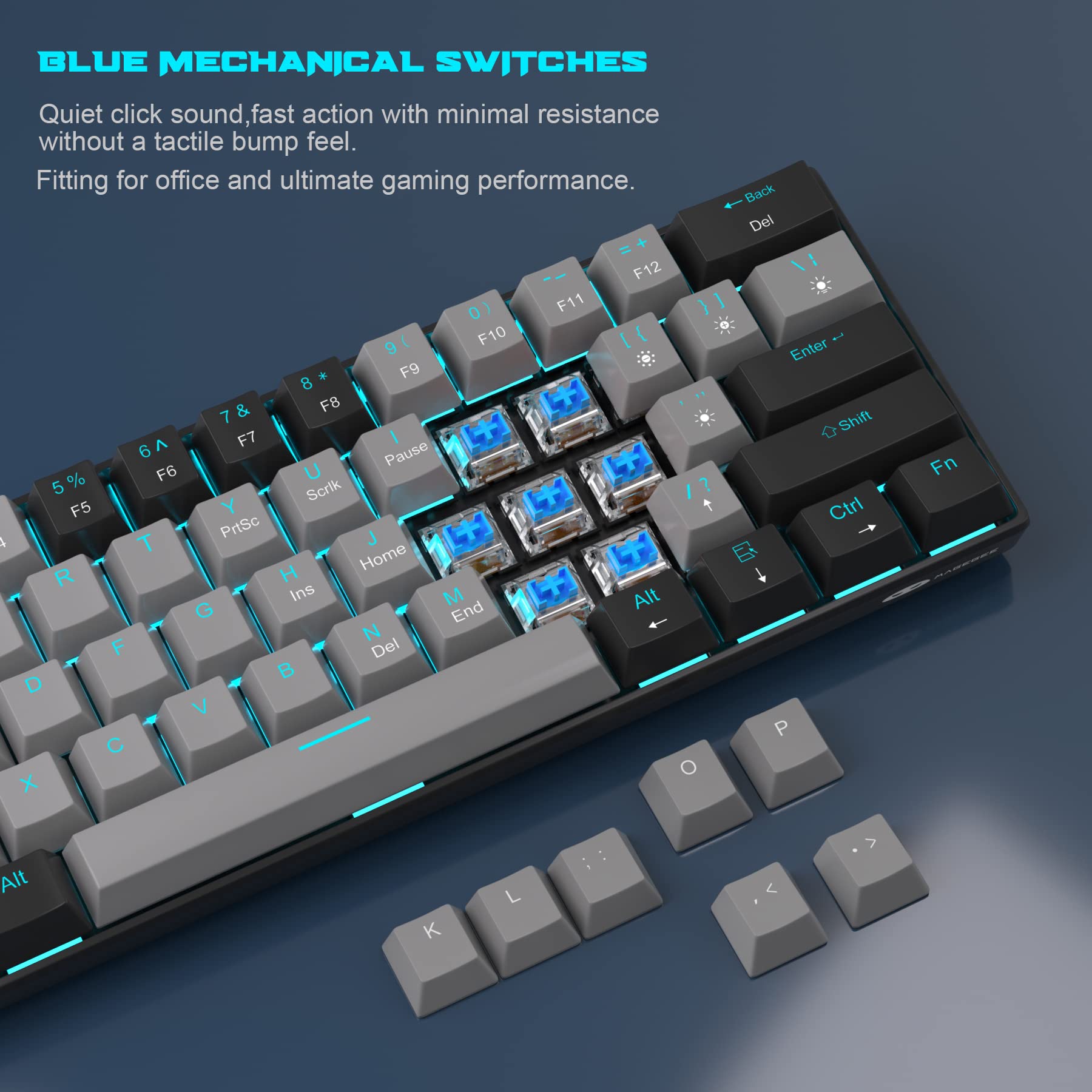 60 Mechanical Keyboard,MageGee Gaming Keyboard with Blue Switches and Sea Blue Backlit Small