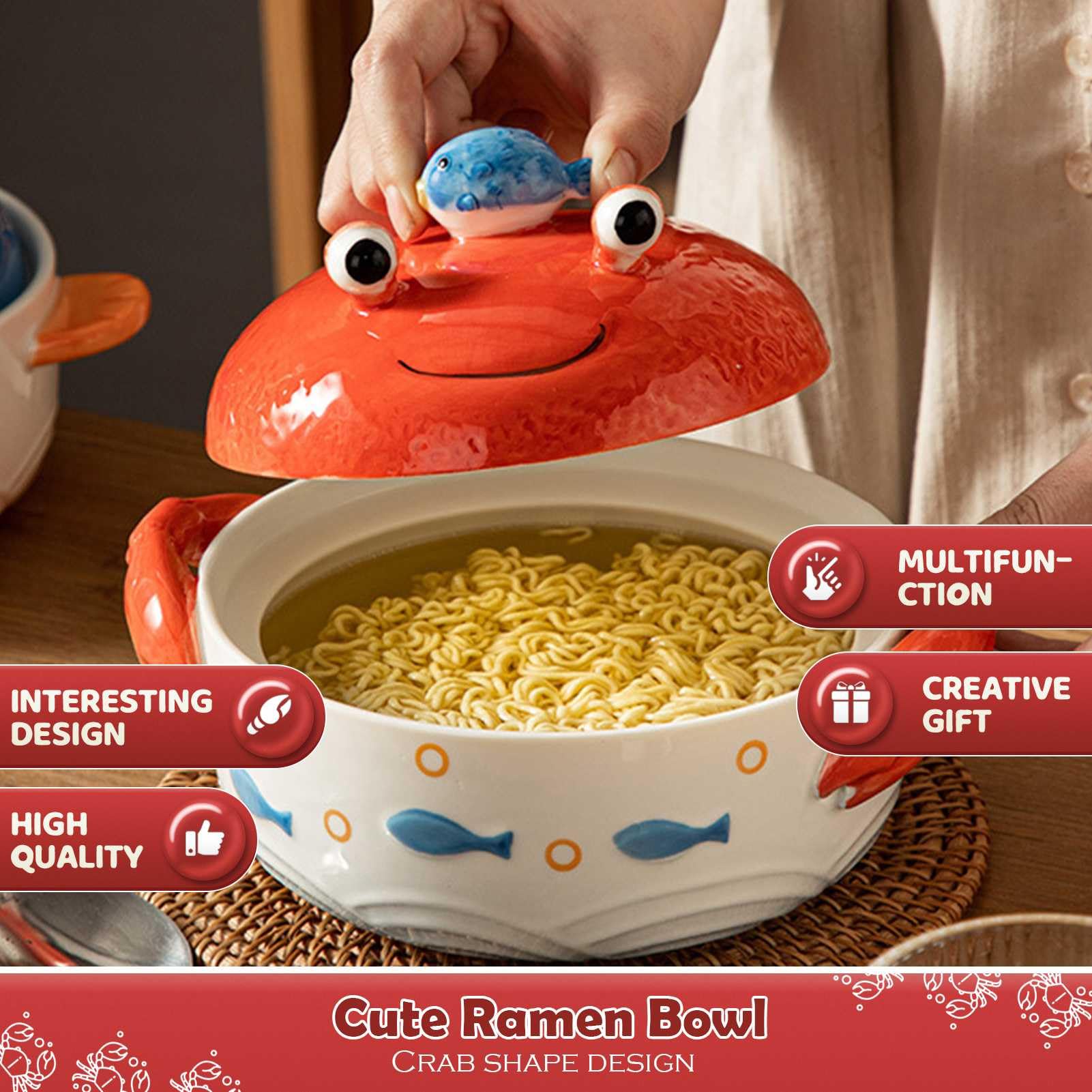 QYGGFBAI Crab Shaped Ramen Bowl with Lid, Funny Nautical Theme Ceramic Instant Asian Noodle Pots with Handles for Rice, Pho, Soup, Pasta, Salads, Desserts, Cereals, Oatmeal, 24 Oz