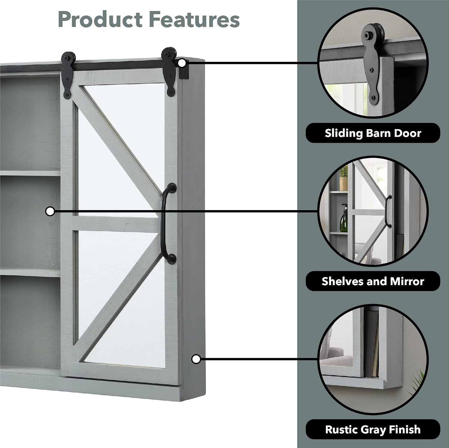 FirsTime & Co. Gray Winona Barn Door Mirrored Cabinet, Storage with Shelves for Bathroom, Kitchen and Office, Wood, Farmhouse, 28 x 21 Inches
