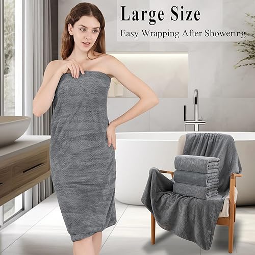Miniatura 9 de Juego de 4 toallas de baño extra grandes de 35 x 70 pulgadas, toallas de baño altamente absorbentes, de secado rápido, suaves con textura, juego de