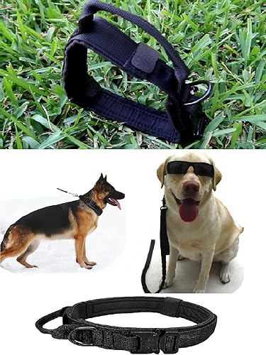 Collar táctico para perro, resistente, ajustable, personalizado con asa y hebilla de metal para entrenamiento de policía militar, color negro (XL-L)