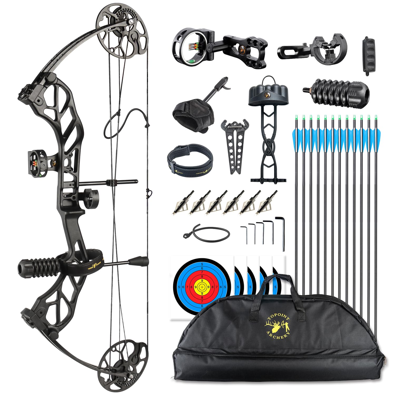 Topoint Archery Compound Bow Pro Set Easy to Adjust No Bow Press Needed Bow and Arrow Set 19-31" Draw Length 0-70 Lbs Draw Weight Up to IBO 320 Fps, US-Made Limbs