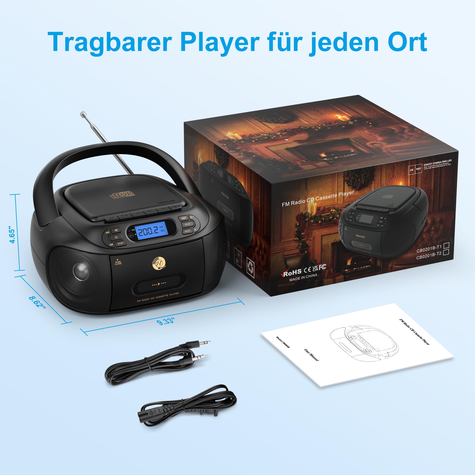 CD-Player mit Kassette, CD Boombox mit Bluetooth, UKW-Radio, Eingebauten Stereo-Lautsprechern, Wiederaufladbarem CD/Tape-Player, AUX-Eingang, USB-Wiedergabe, Kopfhörerausgang