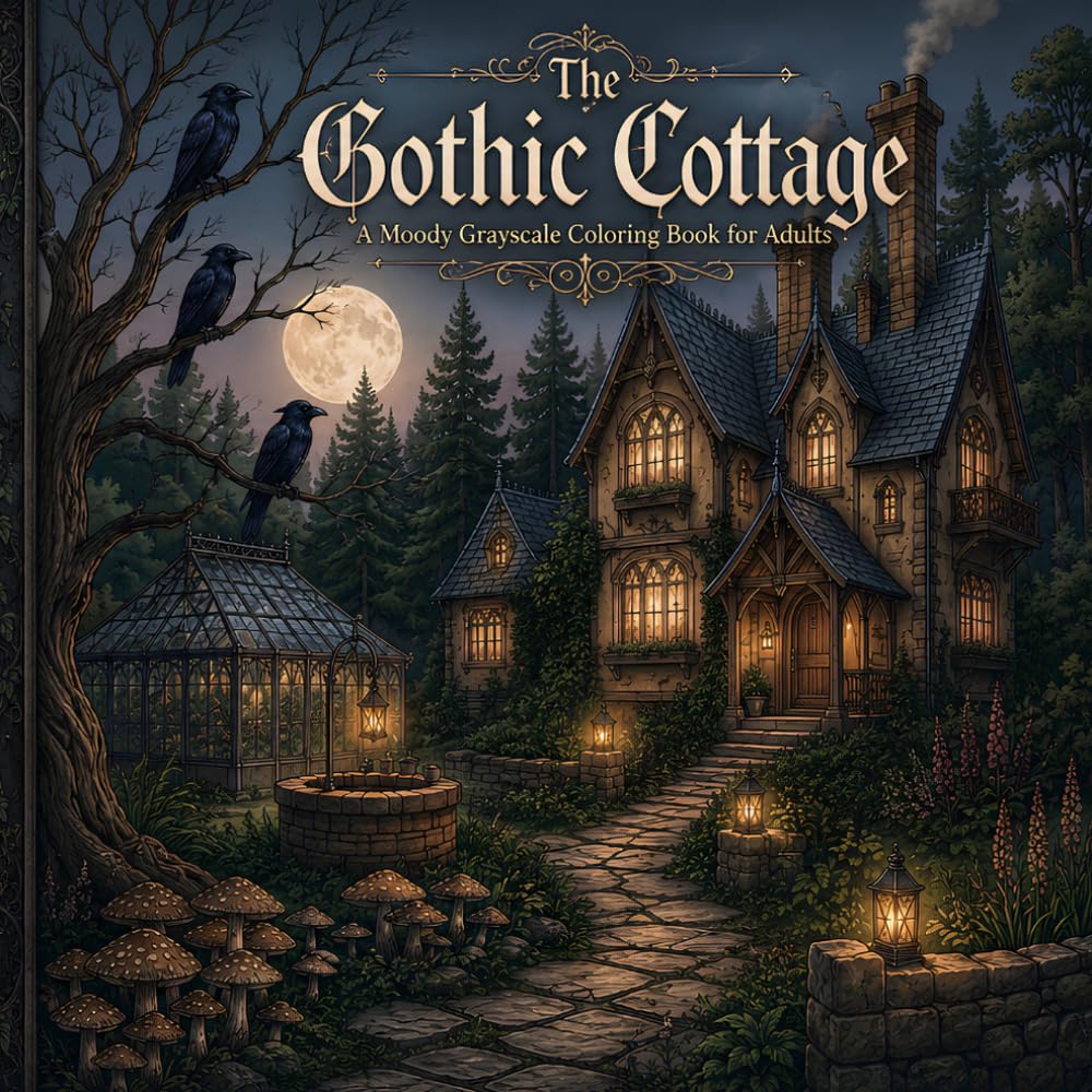 The Gothic Cottage: A Dark Cottagecore coloring book for Adults: Moody Grayscale adult coloring pages in grayscale of gothic gardens, cottages, and interiors