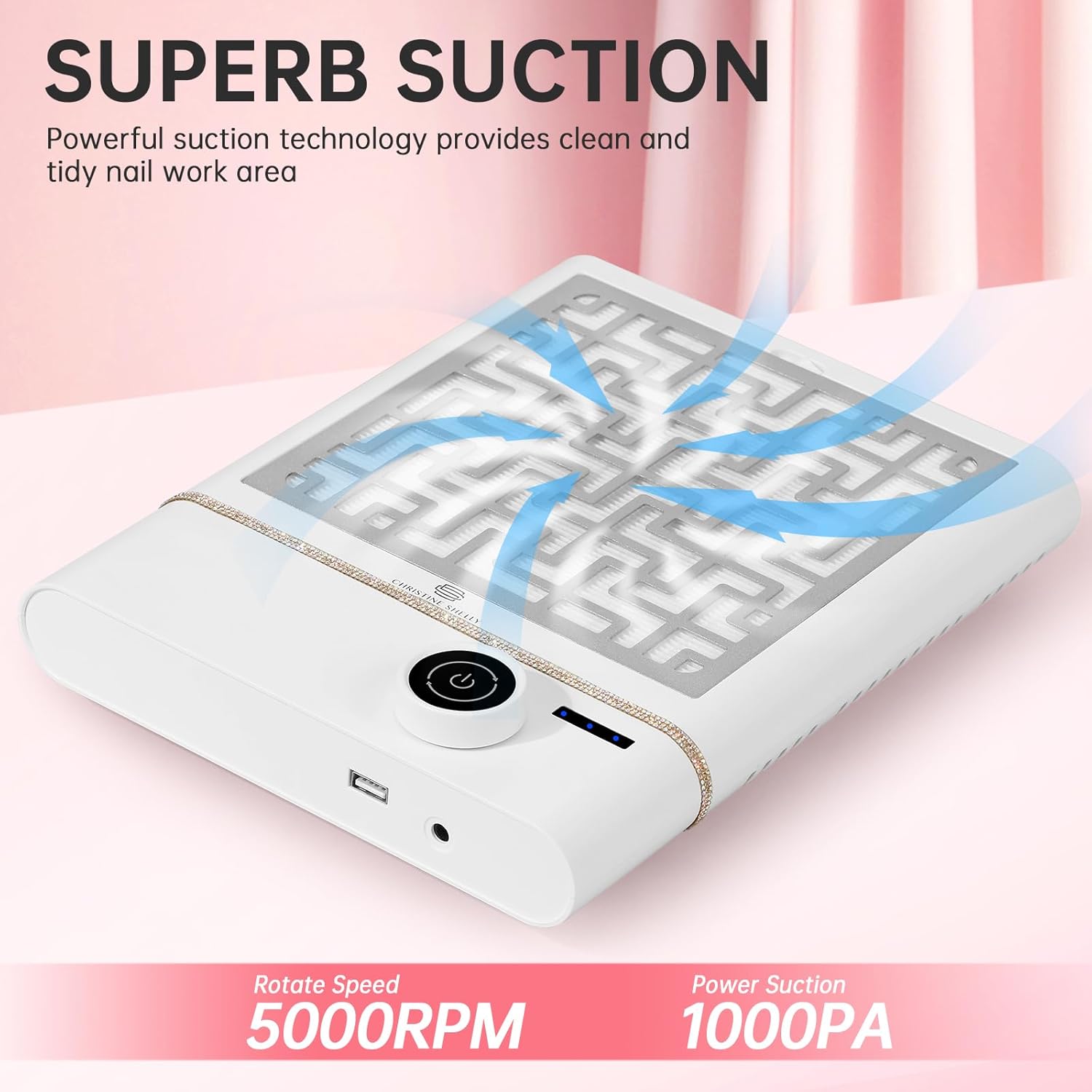Nail Dust Collector, Bling Diamond Cordless Rechargeable 5000RPM Vacuum Nail Tech Fan Extractor, Professional Nail Duster Suction, Low Noise, Salon&Home