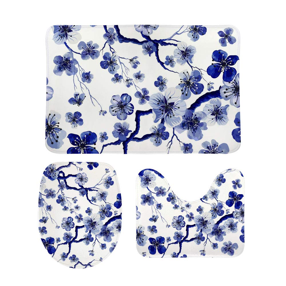 Tapis de bain en U Ruchen motif cerisier bleu : lot de 3 tapis pour votre salle de bain
