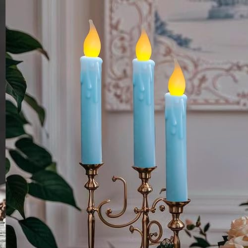 Miniatura 4 de LINCOUNTRY. Velas cónicas de cera primitiva, color azul, funcionan con pilas, parpadeantes, sin llama, con temporizador, luces LED goteadas de 6.75