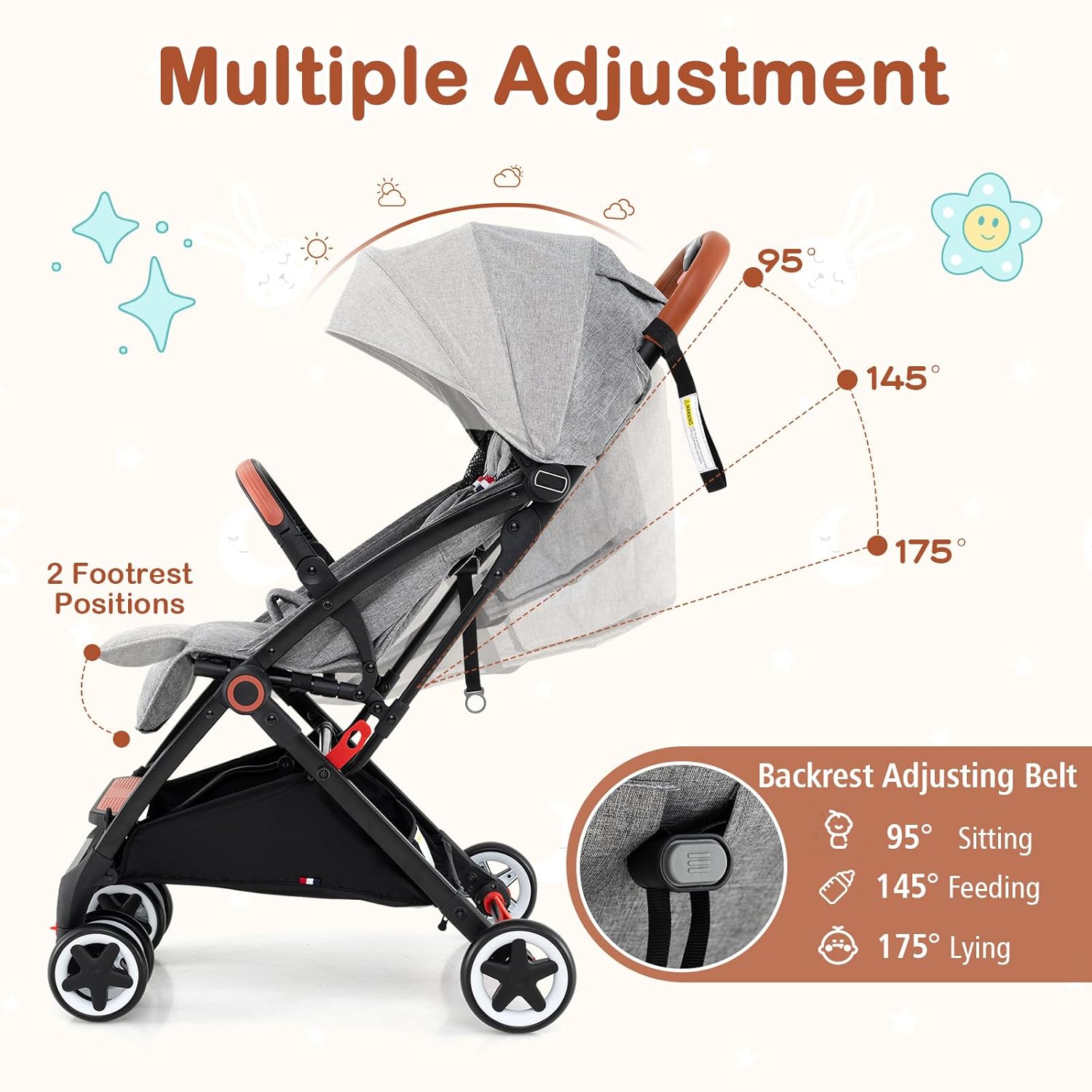 HONEY JOY Travel Stroller, One-Hand Quick Fold Lightweight Umbrella Stroller for Airplane, Wrist Wrap & Net, Multi-Position Recline, Overhead Friendly Compact Stroller for Newborn and Toddler(Gray)