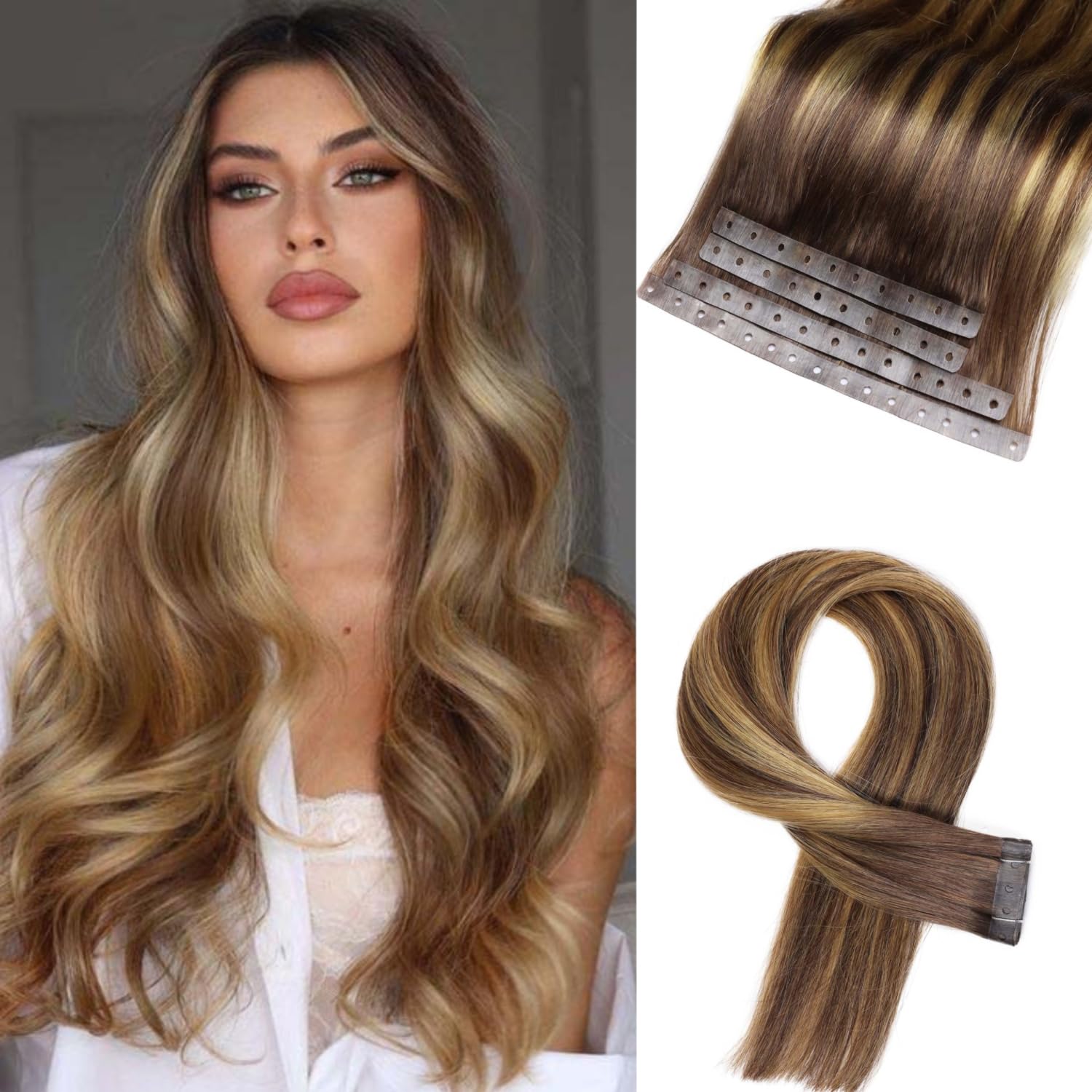 Human Hair Extensions T4/27 Highlight Honey Blonde Remy Human Hair Extensions with Holes Invisible PU Tape in Hair Extension Glueless Hair Extension for Women (35g 4Pcs,18 Inch)
