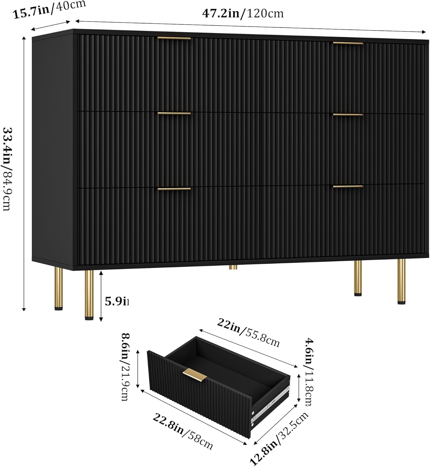 GAOMON 6 Drawer Dresser for Bedroom Chest of Drawers, 47" Wide Fluted Dresser with Drawers, Modern Wooden Double Dressers with Metal Handles for Living Room, Hallway