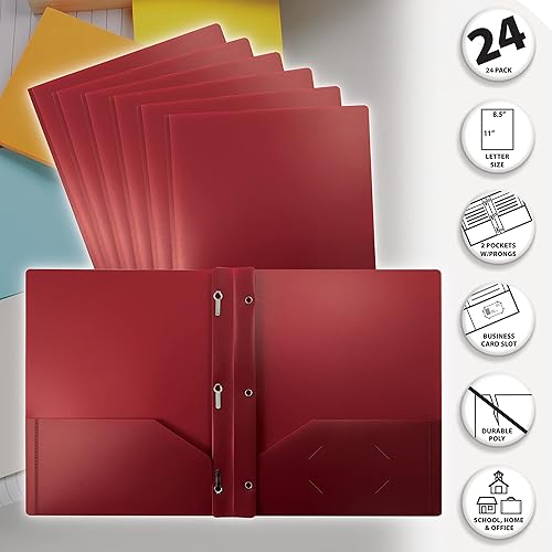 Miniatura 3 de Better Office Products Carpetas de plástico burdeos con 2 bolsillos, paquete de 24 unidades, pesadas, carpetas de polietileno tamaño carta con 3