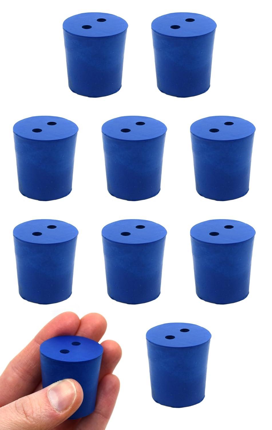 10PK Neoprene Stoppers, 2 Holes - Blue - Size: 27mm Bottom, 31mm Top, 32mm Length - Suitable for use with Petroleum, Oils, Inorganic Acids and Bases - Eisco Labs