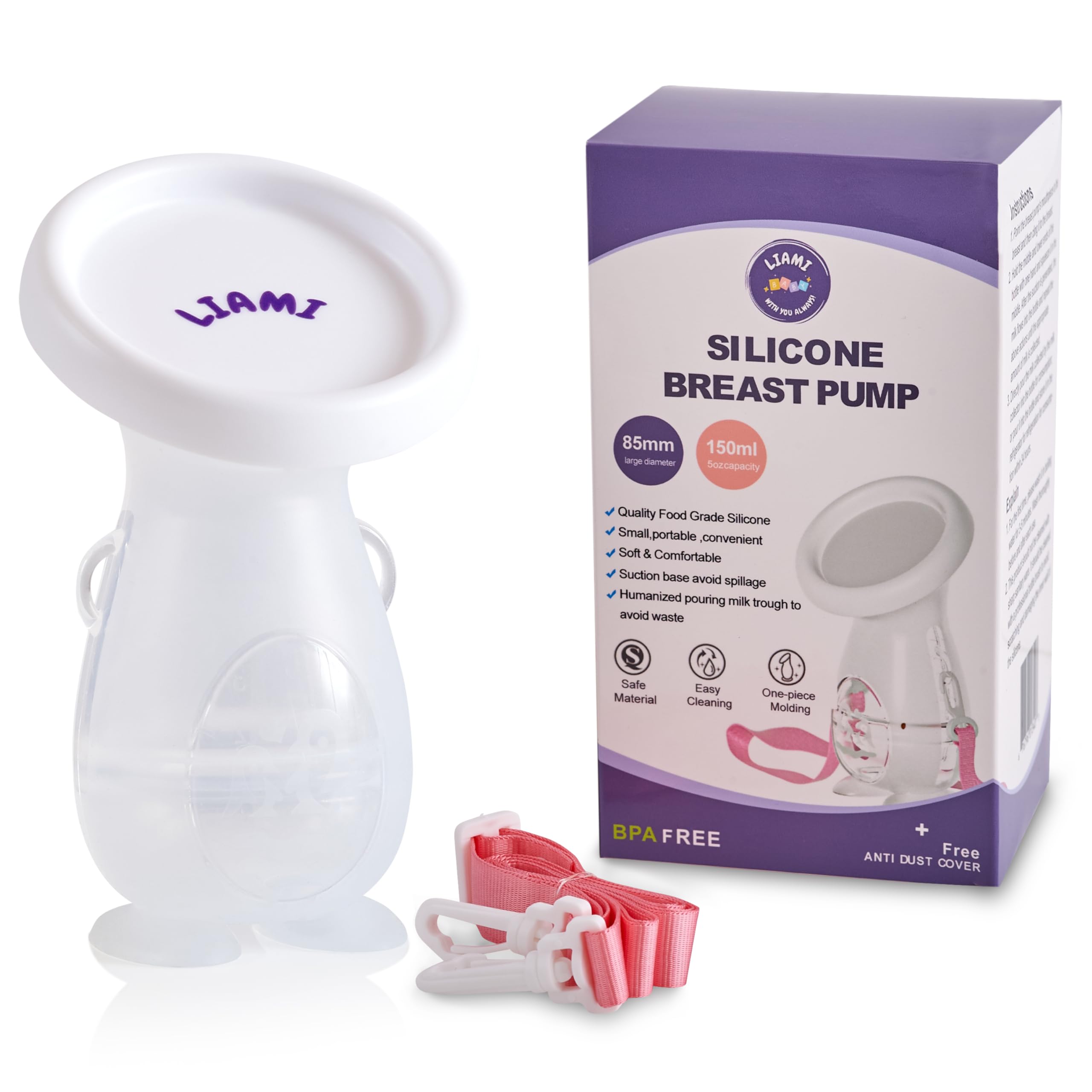 LIAMI Hands-Free Silicone Manual Breast Pump 150mL, Transperant